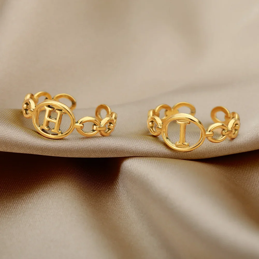 Stainless Steel Hollow Initial Rings For Women Gold Color A-Z Letter Open Adjustable Ring Female Aesthetic Wedding Jewelry Gift