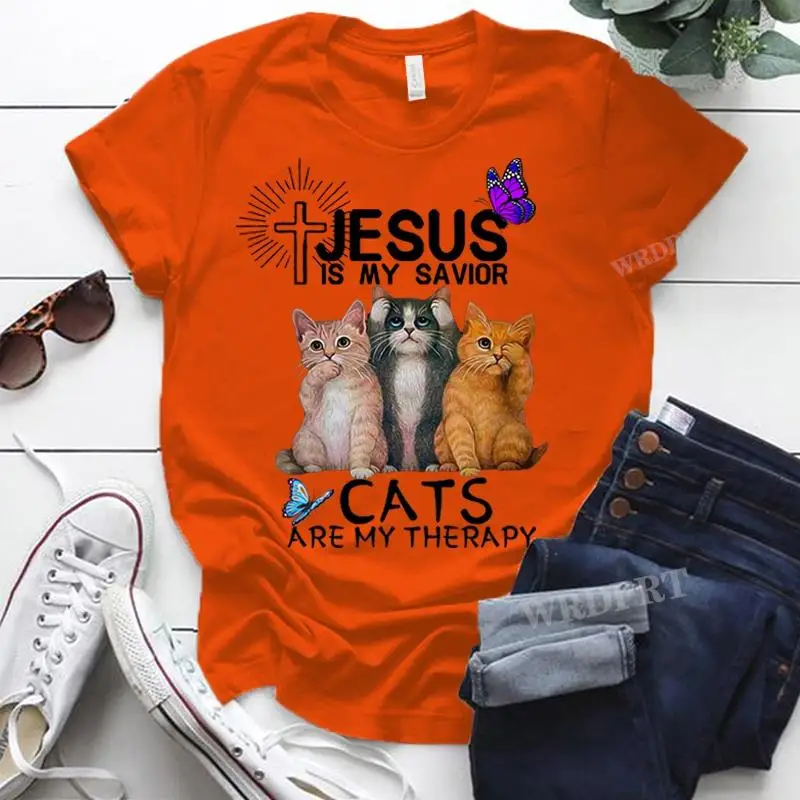 Jesus Is My Savior Cats Are My Therapy Print Women T Shirt Cat Lovers Jesus God Shirts Blouse Gifts For Christian&Cat Lovers