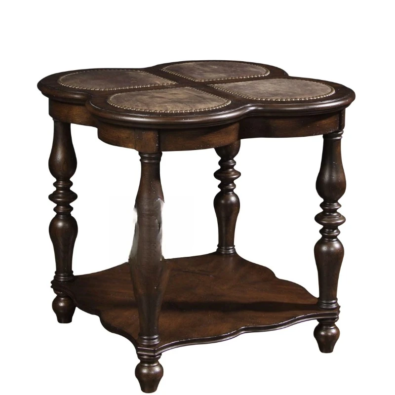 American retro solid wood coffee table, retro four-leaf leather inlaid side table, with nail head decoration, with lower shelf