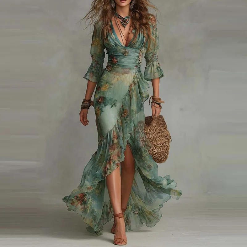 

Dress for Women Fashionable European and American Spring and Summer New Print V-neck Vacation Style Elegant Irregular Floral