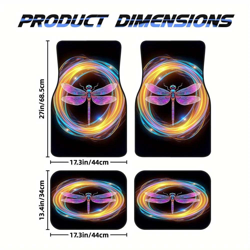 For Minivans Or Crossovers, 4pcs Vehicle Floor Mats Adorned With Psychedelic Neon Dragonfly Design, Providing Cleaning-Friendly