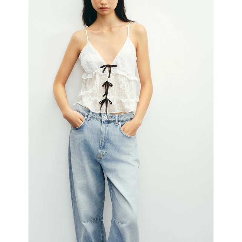 Summer New Women's Ins Sle Layered Decoration Cute Color Blo  Knot Decorated Strap Top Commute Sle ort Lengt...