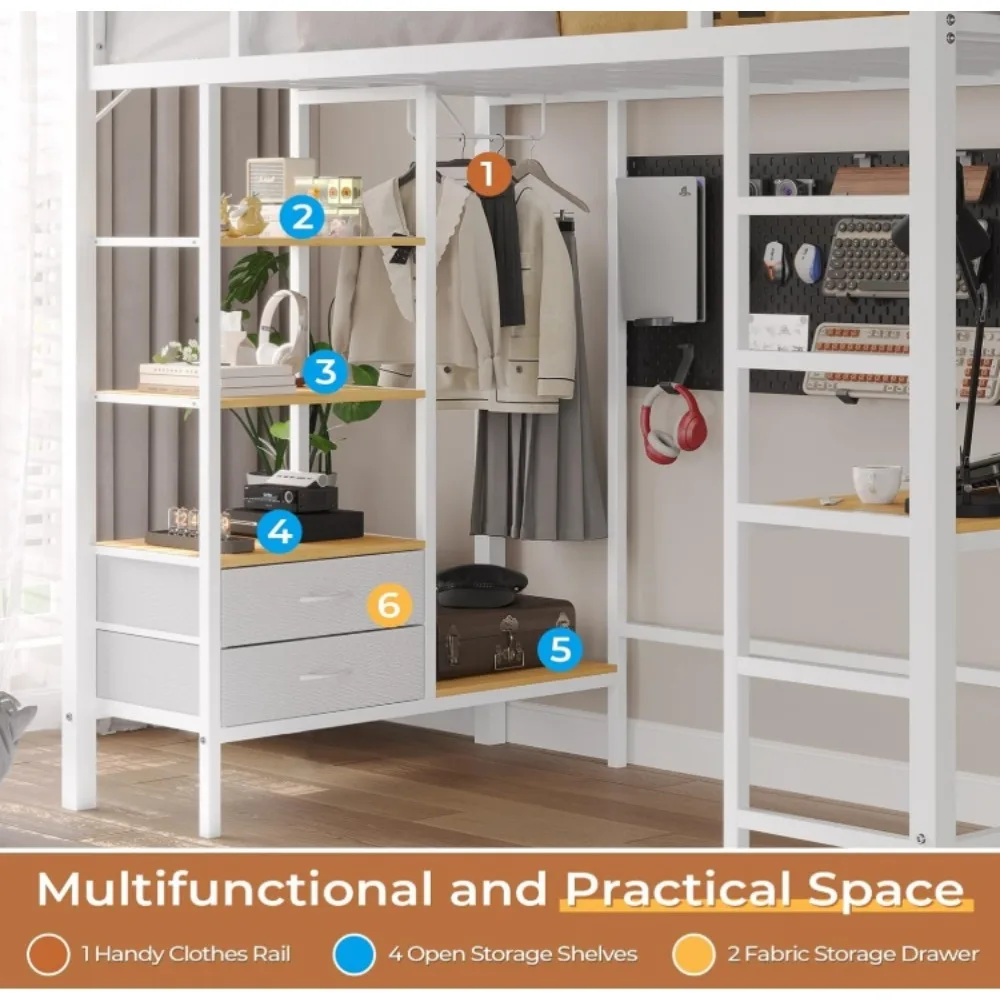 Loft Bed Twin Size with Desk and Charging Station Metal Loft Bed with Led Lights,Storage Shelves and Drawers Twin Size Bed image 3