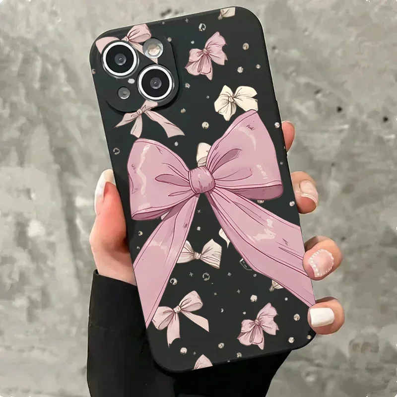 Cute Pink Bowknot Phone Case For iPhone 16 15 14 13 12 11 Pro Max Mini X XS XR SE 7 8 Plus Shockproof Non-Slip Soft Cover Fundas