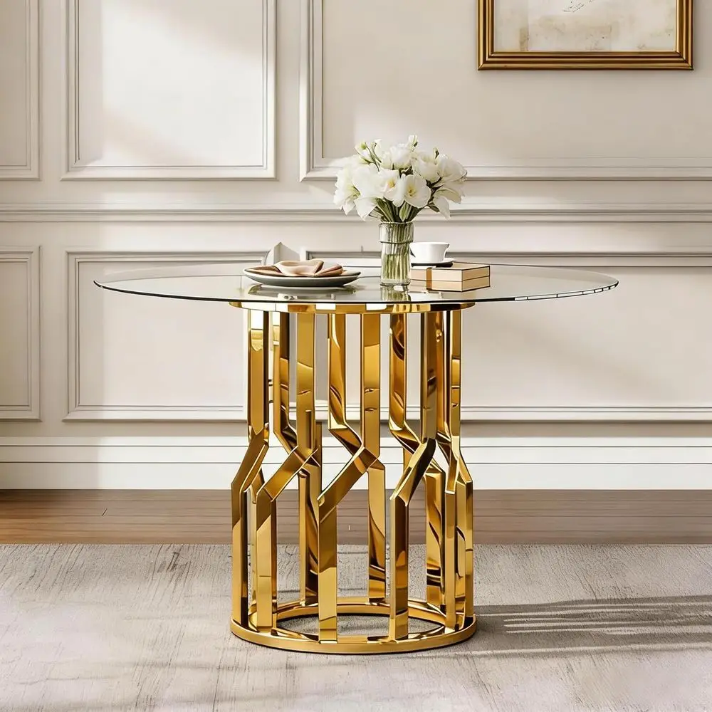 

38.9 Round Glass Dining Table with Steel Legs for Kitchen and Dining Room