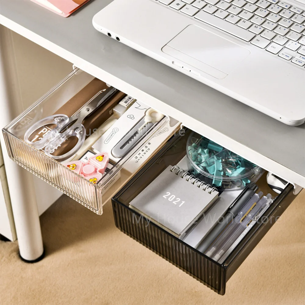 

Desk Drawer Organizer Under Desk Storage Box Plastic Hidden Hanging Punch Free Self Stick Desktop Storage Office Home Organizer