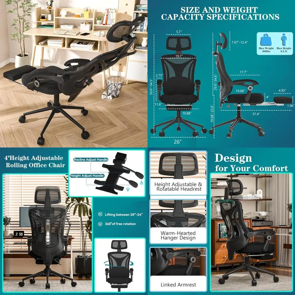 

Ergonomic Office Chair with Adjustable Lumbar Support and Headrest, Reclining 90-160° with Footrest, Breathable Mesh for Home Of