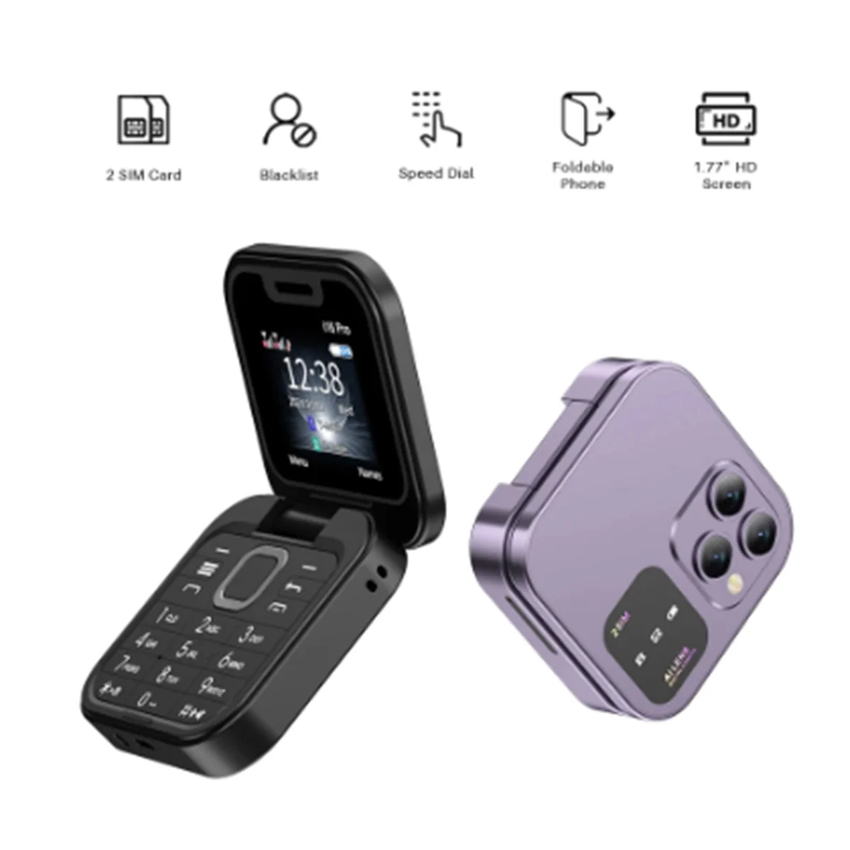 Mini Flip Mobile Phone FM Radio Voice Blacklist Speed Dial Vibration 2SIM Card Small Display Foldable Phone(Gold)