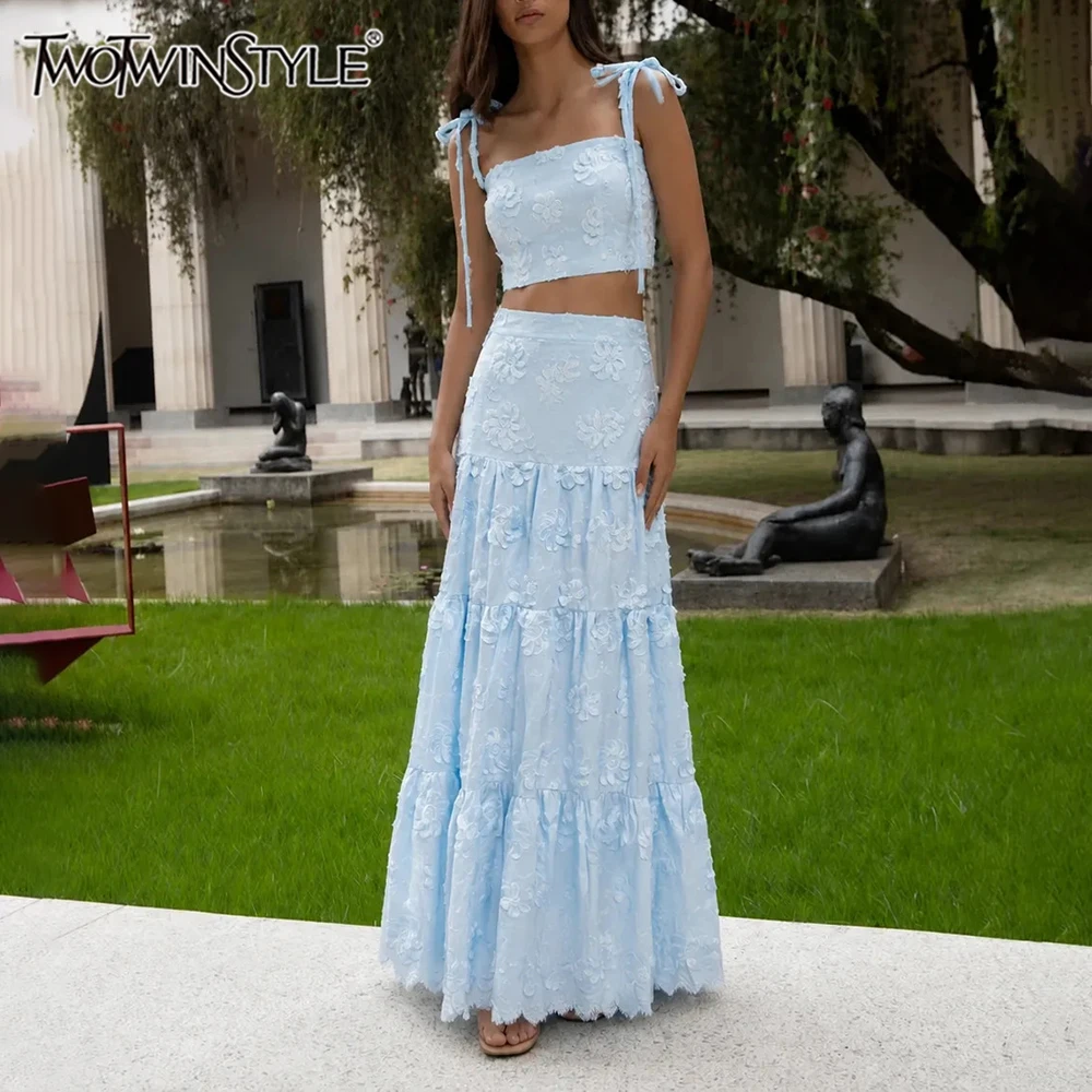 TWOTWINSTYLE Applique Spliced Zipper Slim Two Piece Set for Women Square Collar Sleeveless Top High Waist Mdi Skirt Sets Female