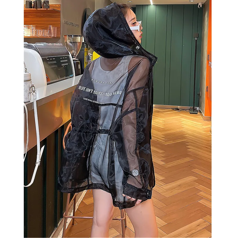 2022 Summer Sun Protection Jacket Women Hooded Windbreaker Zipper Organza Coat Pocket Fashion Print Loose Thin Jacket Female