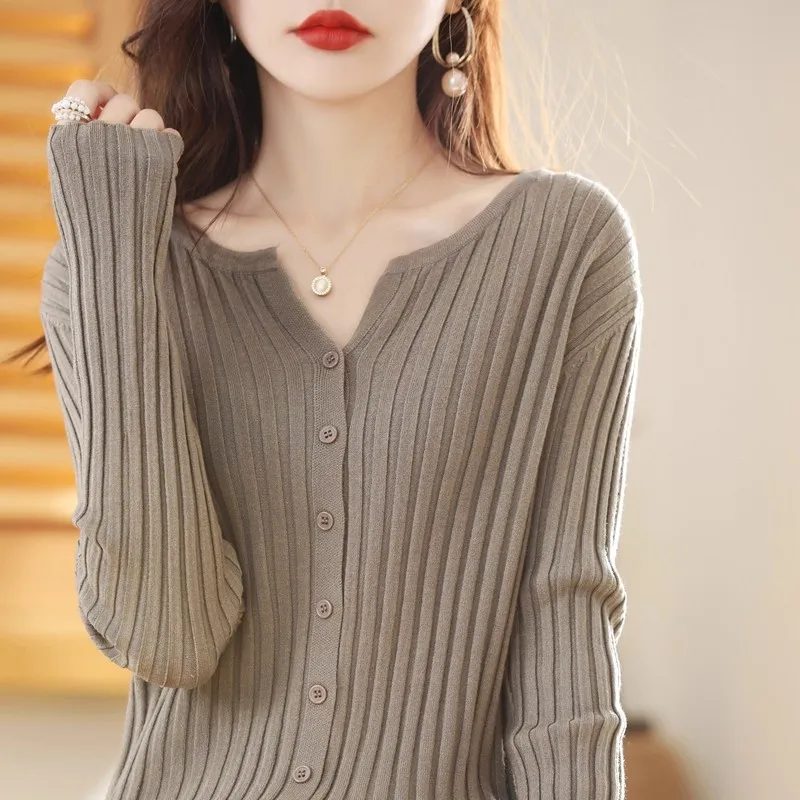 

Women's Sweater Autumn Winter Solid Color Elastic V-Neck Round Neck Slim-Fit All-Match Coat Casual Knitted Long-Sleeved Cardigan