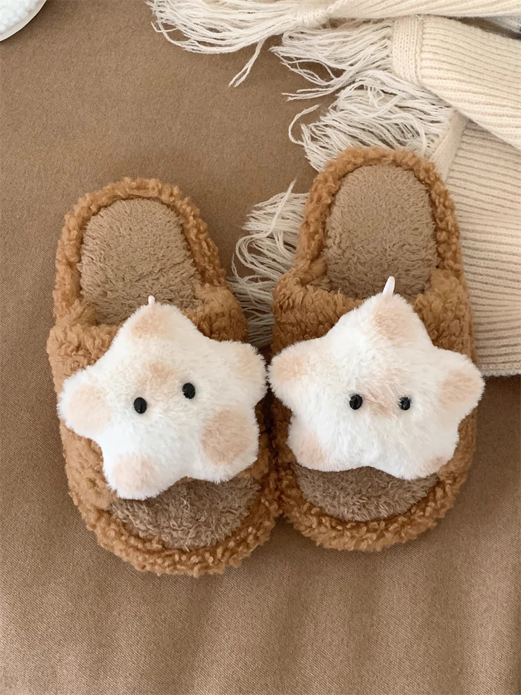 

Cute 3D Star Indoor Cotton Home Slippers For Women Indoor Household Winter New Non Slip One Word Hairy Slippers For Women