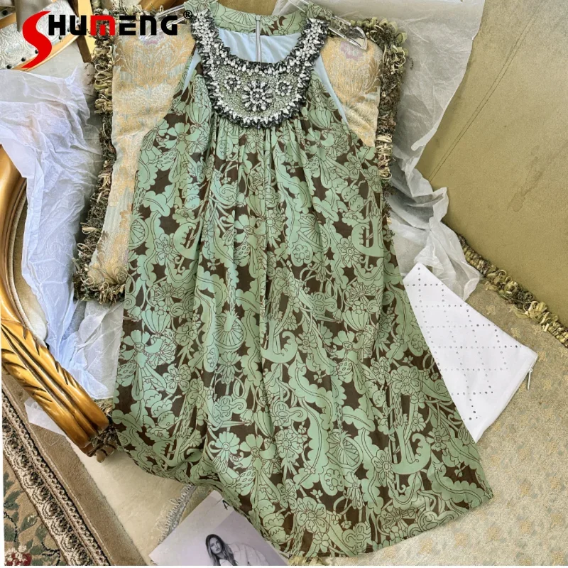 

2024 Summer Seaside Vacation Girl Dress Printing Heavy Industry Diamond Drills High Sense Temperament Sleeveless Vestidos Mujer