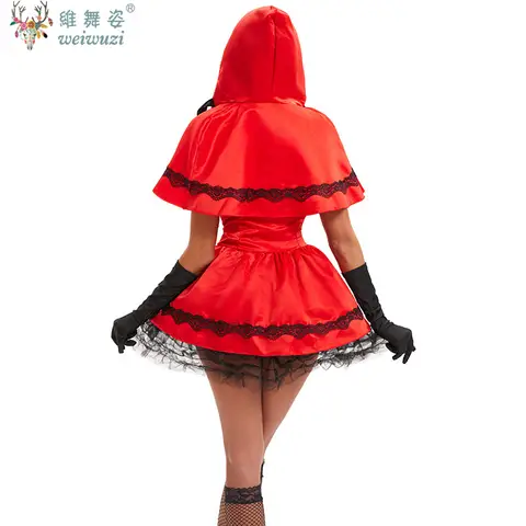 Halloween Role Playing Fairy Tale Little Red Riding Hood Fancy Dress Red Lace Edge Hooded Cloak Club Gothic Sexy Queen Costume