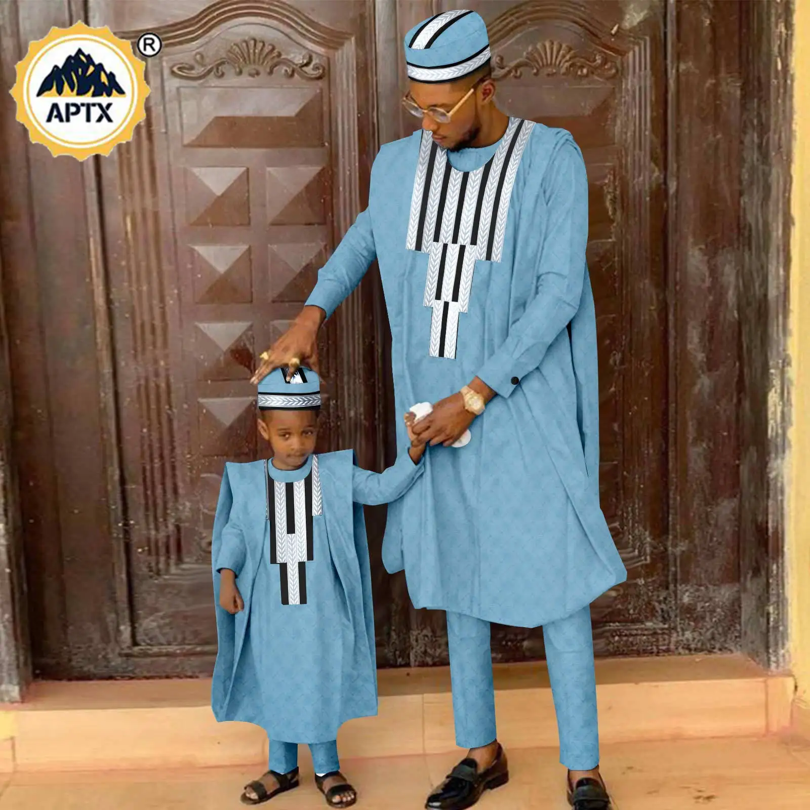 African Matching Outfit for Family Bazin Riche Muslim Sets Dashiki Father and Son Attire Agbada Robe Shirt and Pants Hat Y23F001