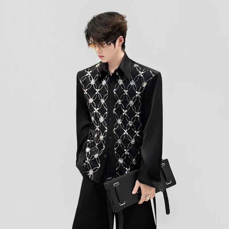 WVGA Spring Autumn New Men High-End Sequin Embroidery Shirt Lace Patchwork Design Loose Shoulder Pads Niche Chic Tops Ins W24425