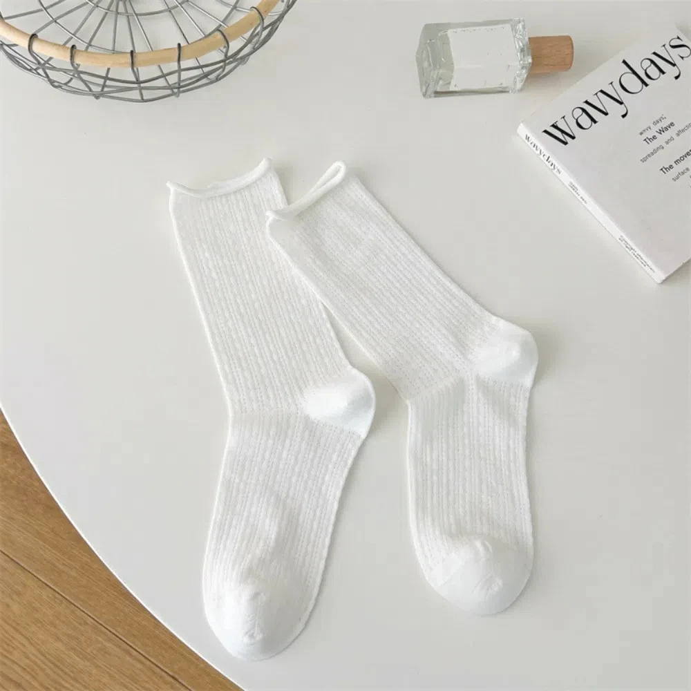 

Comfortable Candy Color Summer Socks Hollow Out Breathable Long Socks Thin Roll Edge Socks Women