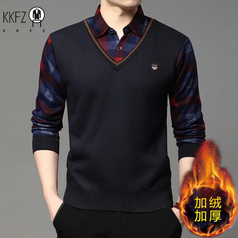 Slim Fit Fake Two Piece Sweater Men Stretch Knit Thermal Fleece Lined Plaid Long Sleeve Collared Office Travel Outfit
