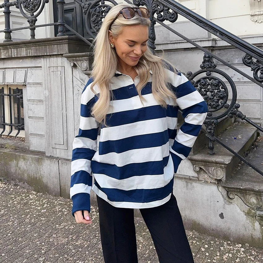 

Linad Street Chic сине-белые полосатые футболки 2025 модные свободные женские топы с лацканами осенние повседневные вязаные футболки с длинными рукавами женские