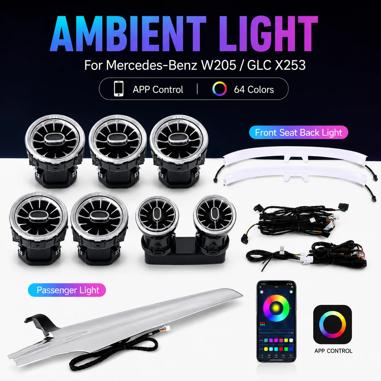 64-Color Ambient Light for Mercedes W205 C-Class GLC X253 Air Vent Seat Back Dashboard App Control RGB LED Atmosphere Light Kit