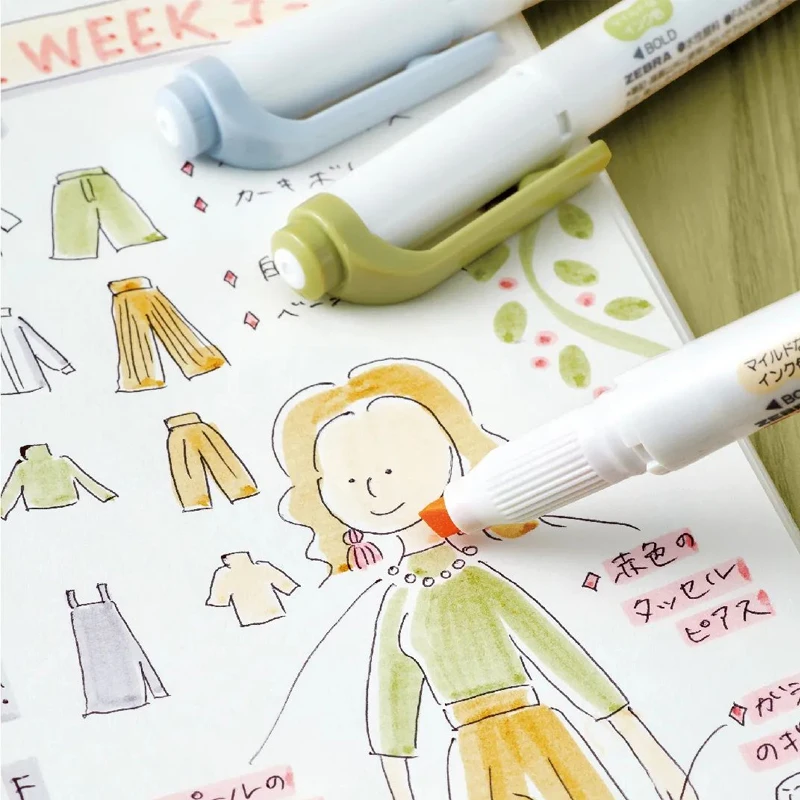 Japoński marker wodny ZEBRA Mildliner Highlighter WKT7, zestaw 5 kolorów pastelowych, naturalnych, delikatny, z podwójną końcówką do podkreślania. — zdjęcie produktu 6