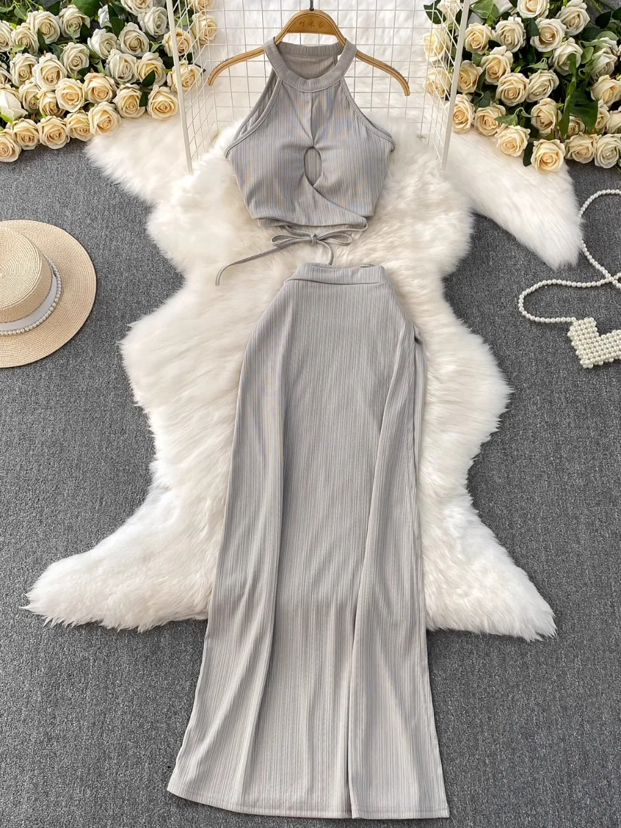 

Foamlina Padded Bandeau Halter Top & Tie Waist Skirt Hot Girl Sexy Sleeveless Slim Fit High Street Casual 2 Piece Skirt Set