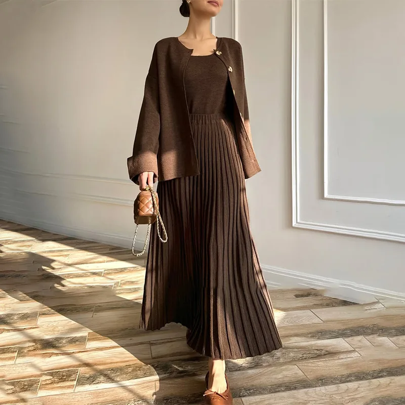 Muslim Skirt 2025 Spring New European American Cardigan Long Sleeve Fashion Casual Comfortable Long Skirt 3 Piece Set Long Dress