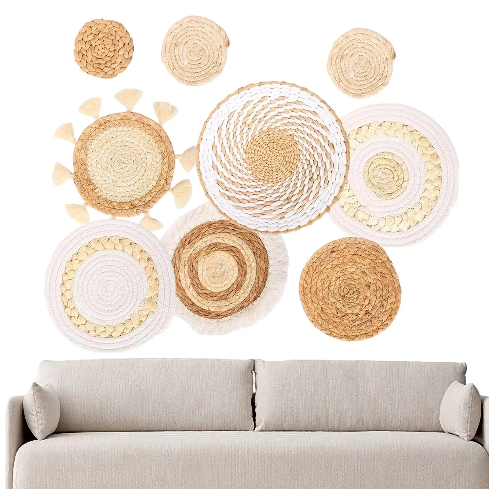 Bohemian-style wall basket decoration set, round woven straw basket hanging decoration, kitchen placemat, bowl mat, pot holder
