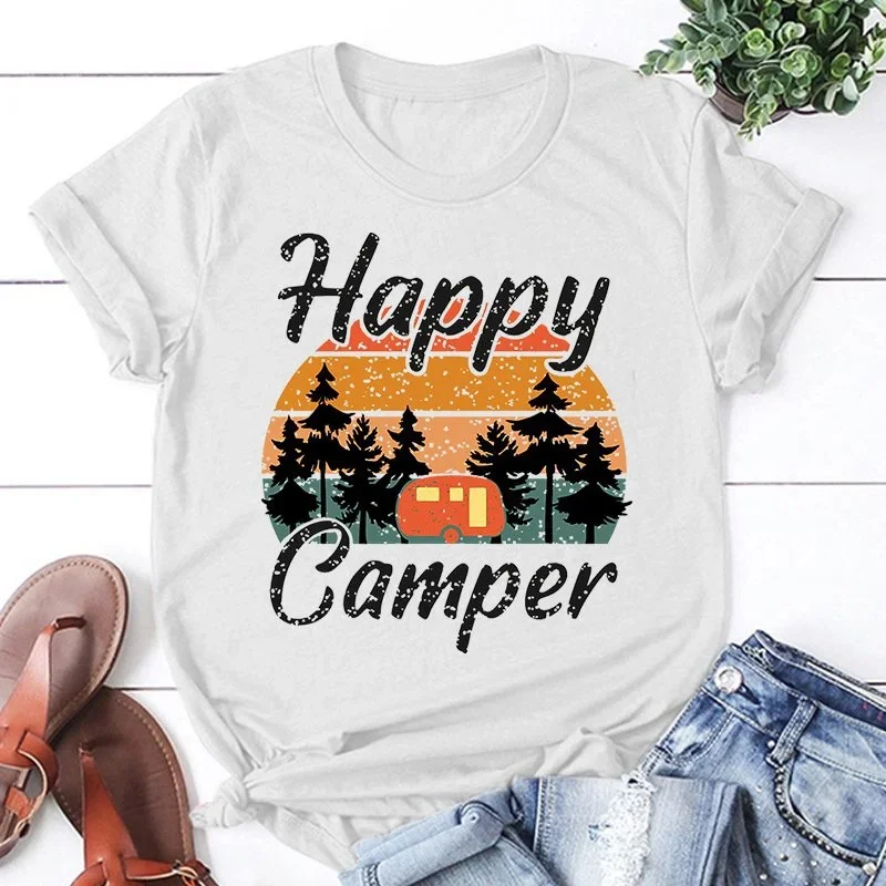 New Happy Camper Print T-Shirt Men Women Fashion Short Sleeve Casual Summer Tops Tees Women Clothes