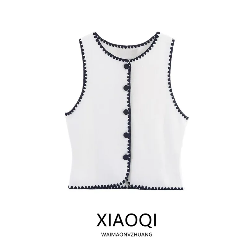

New Autumn 2025 Women's Knitted Vest round Ne Svel Embroidery Color Blo Faion Commute Sle Pure Color Button up