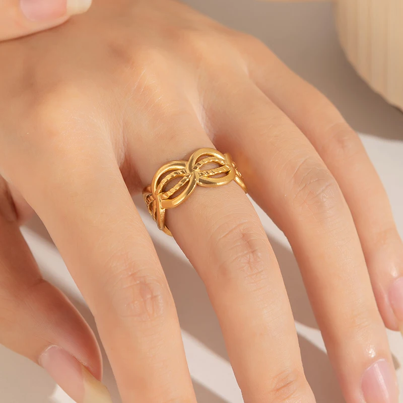 ANENJERY 316L Stainless Steel Irregular Lines Leaf Heart Hollow Open Ring for Women Men Niche Vintage Jewelry Gifts Wholesale