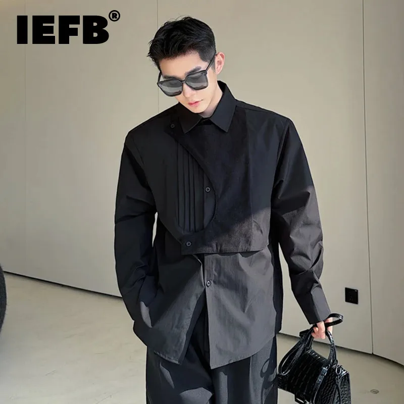 IEFB Korean Shirt Long Sleeve Male Shirts 2024 Summer Men\'s Lapel Single Breasted Solid Color Men Clothing Fold Spliced 9C5544