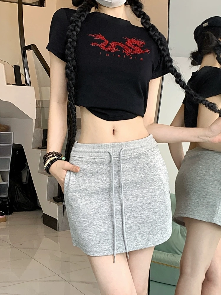 Gray Sporty Mini Skirts for Women Harajuku Summer Fashion Drawstring A-line Skirt Casual Elastic Waist Slim Hip Skirts Mujer New