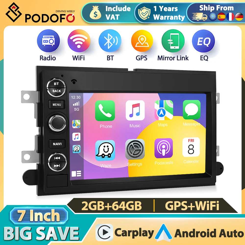 Reproductor Multimedia para Automóvil Android 2 Din Podofo para F150 F250 F350 Fusion Taurus Freesatr MKX Mark LT, Audio para Automóvil, Carplay, Android Auto