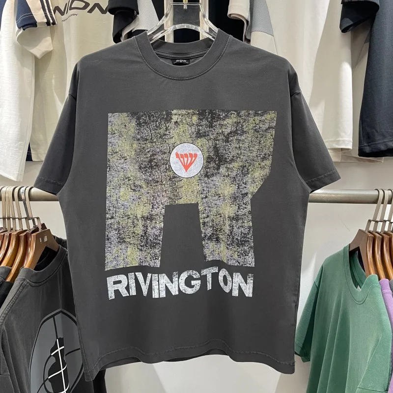 

Летняя американская футболка в стиле High Street RRR23 с надписью, винтажная, свободного кроя, повседневная, с коротким рукавом, из смесового хлопка и полиэстера