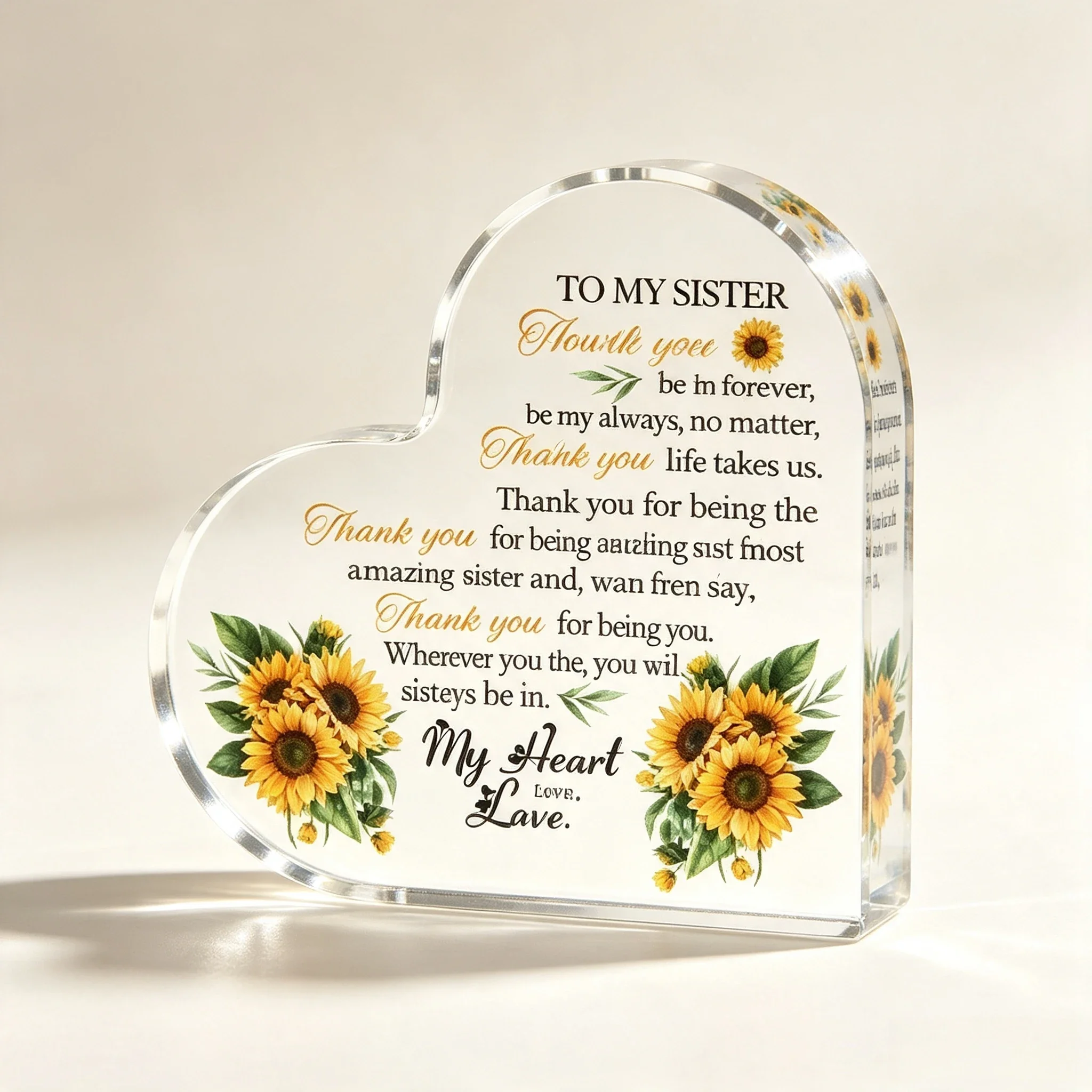 Heart Acrylic Plaque To My Sister Sunflower Floral Sister Gift Desk Decor,Watercolor Sunflower Acrylic Heart Stand Gift For Sister Birthday Holiday