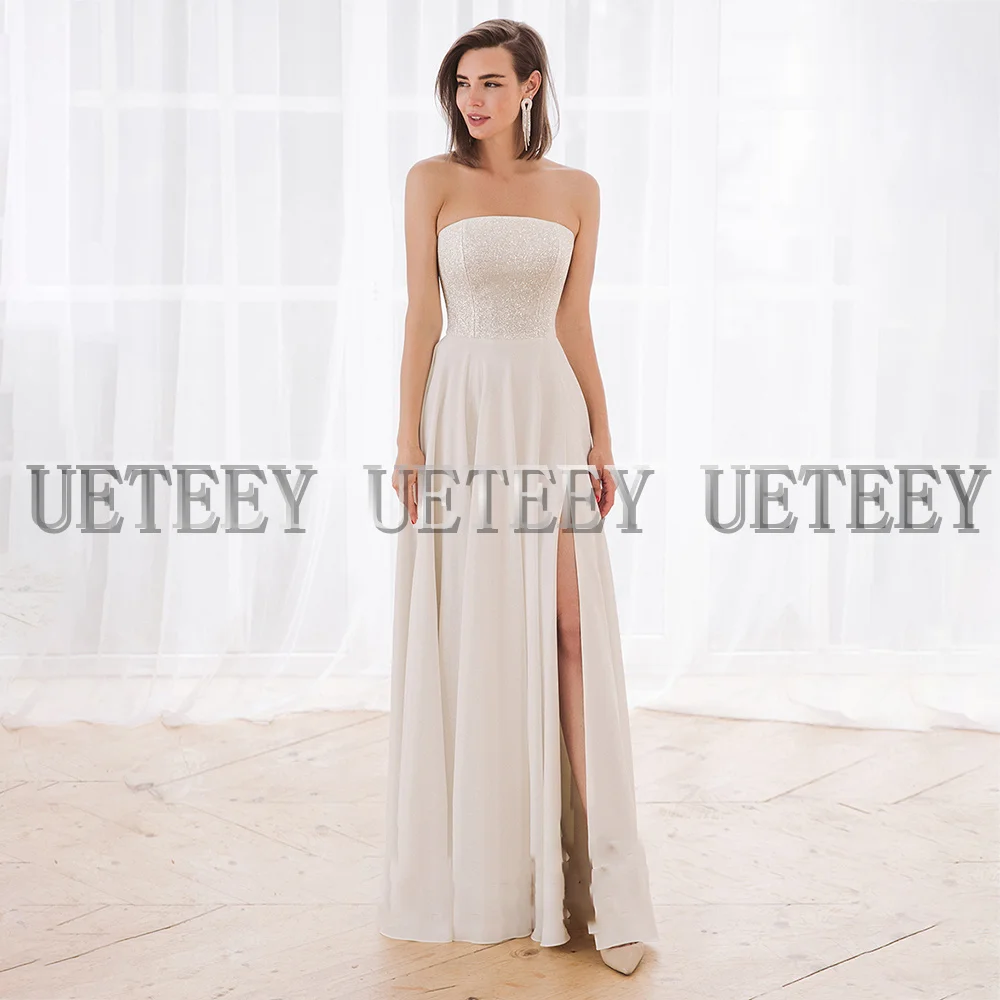 UETEEY A-Line Wedding Dress Charming Sleeveless Side Slit Lace Up Back 2022 Strapless Bride Gowns Custom Made