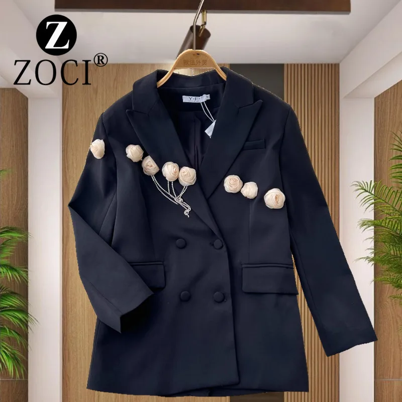 [ZOCI] Fried Street Flower Chain Loose Black Jacket Women's French Minority Three-dimensional Rose Diamond Ol Suit