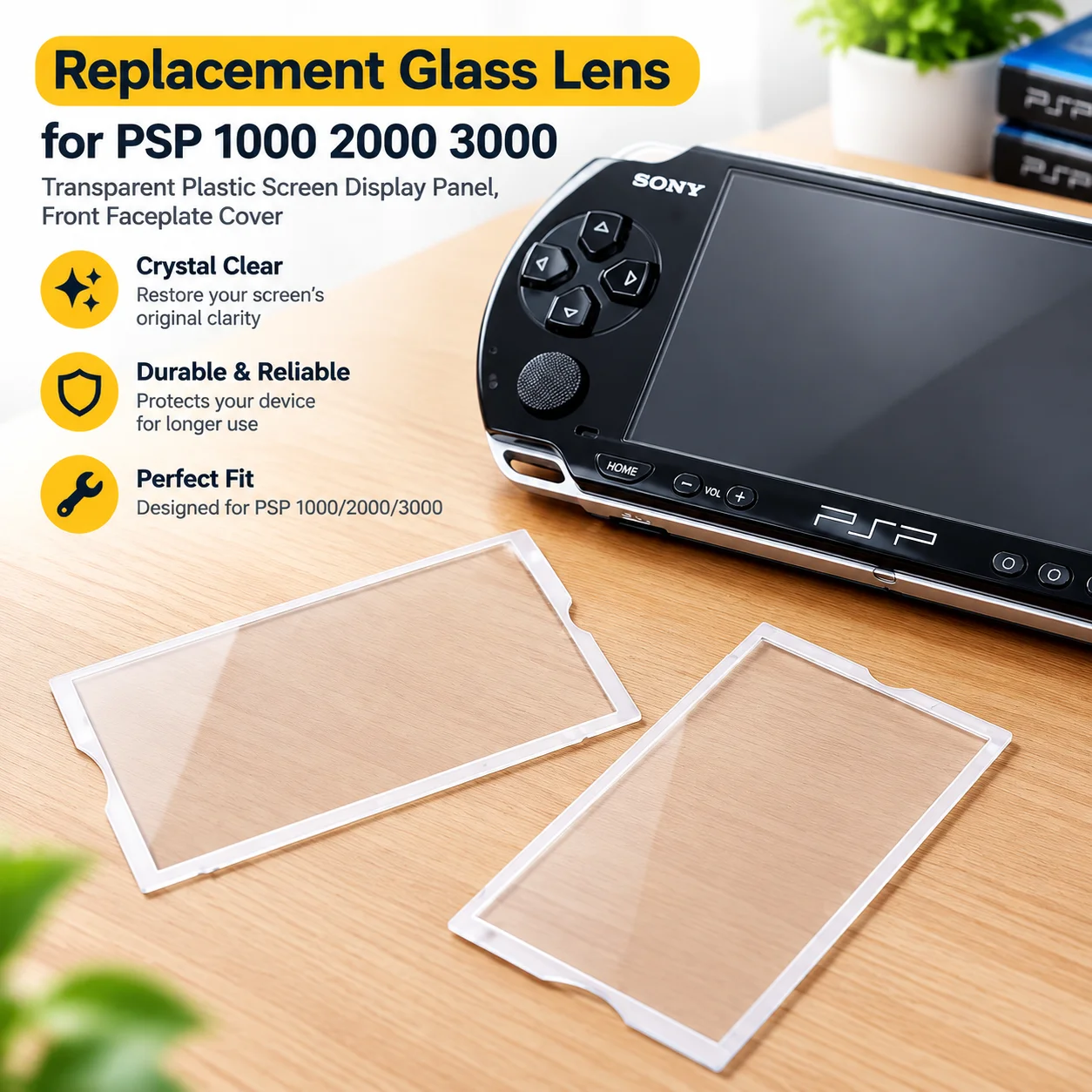 Replacement Glass Lens for PSP 1000 2000 3000, Transparent Plastic Screen Display Panel, Front Faceplate Cover
