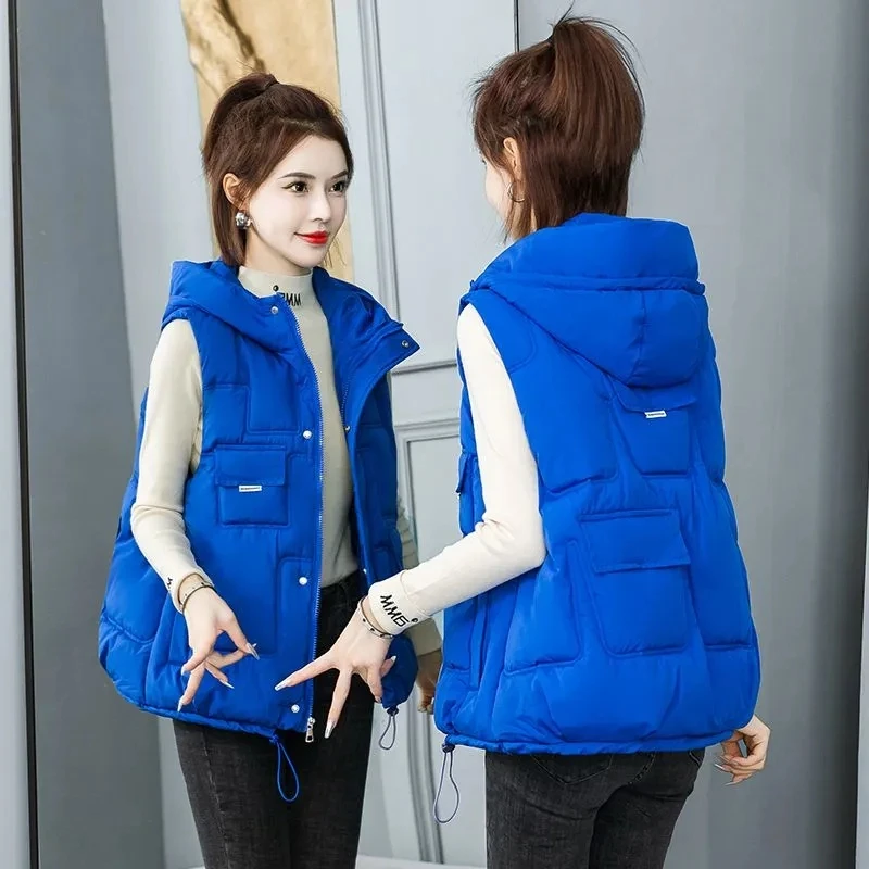 

Down Cotton Vest Jacket 2024 Women's Autumn Winter Glossy Hooded Parkas Outerwear Sleeveless Warm Female Casual Waistcoat