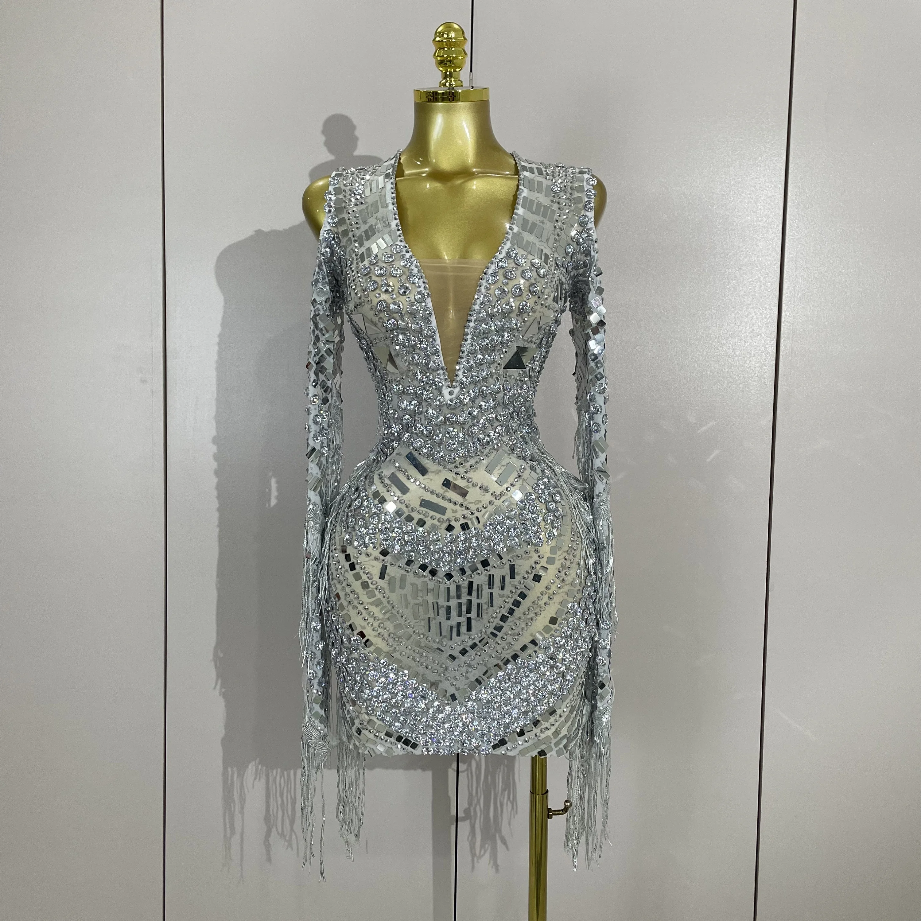 

Luxury Sparkly Diamonds Sequins Tassels Sexy Mesh Mini Dress Evening Party Celebrate Birthday Nightclub Show Photo Shoot Wear