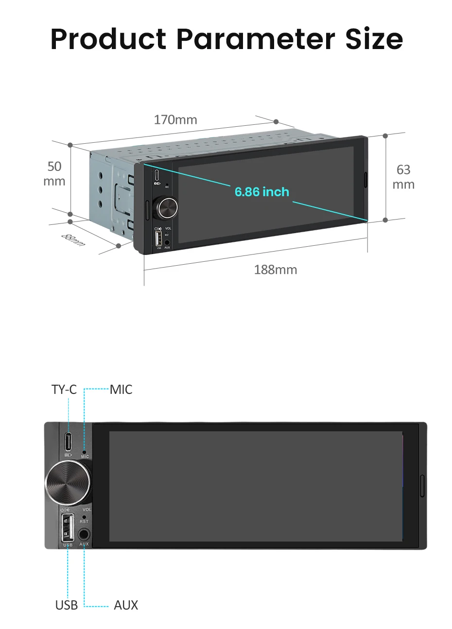 Android Autoradio Universal 1-Din Carplay Android Auto Multimedia GPS-Navigation BT SWC FM MIC AUX USB Typ-C
