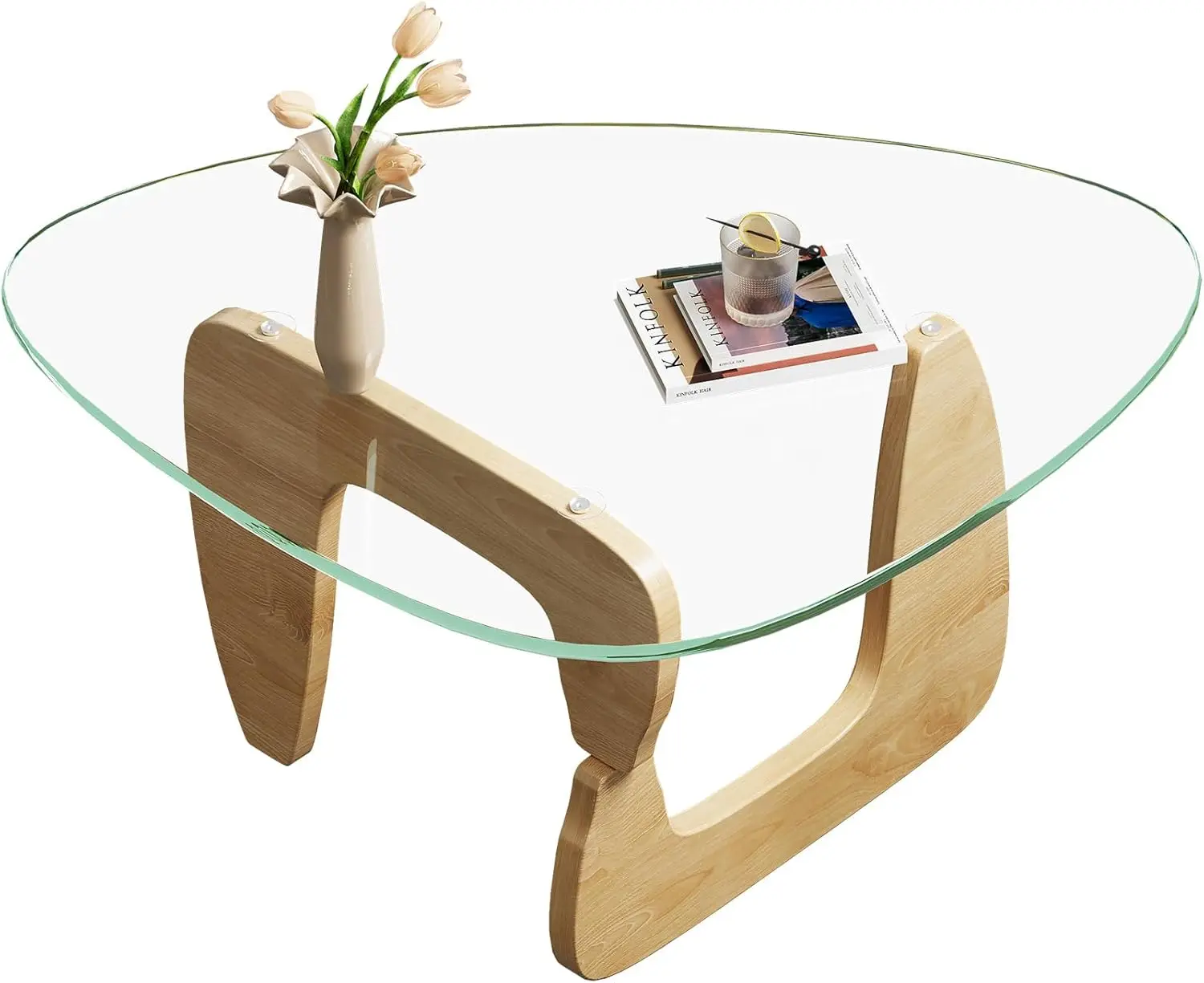 

32.7" Mid Century Triangle Small Coffee Table - Modern Glass Center Table with Solid Wood Legs, Ideal for Small Natural