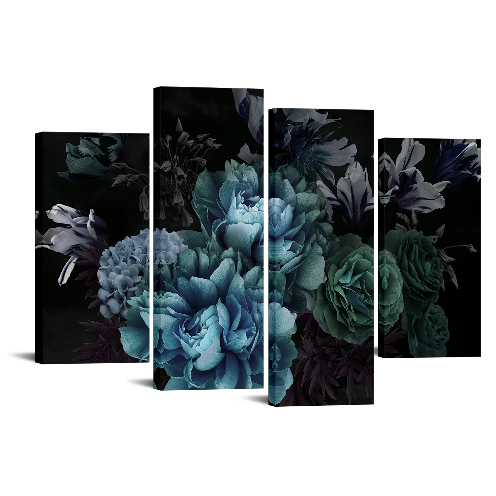 

4 Pieces Beautiful Flowers Wall Art Poster Black Background Print Canvas Painting Modern Style Picture Living Room Home Decor