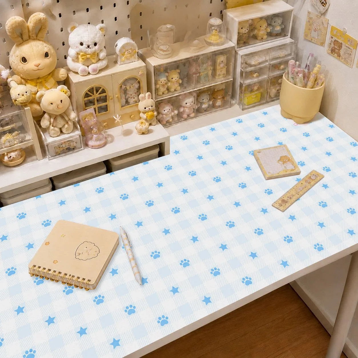 Pink Grid Star Puppy Kitten Paw Y2K Leather Desk Pad Protector Mouse Pad Office Desk Mat Waterproof Non-Slip PU Desk Blotter Pad
