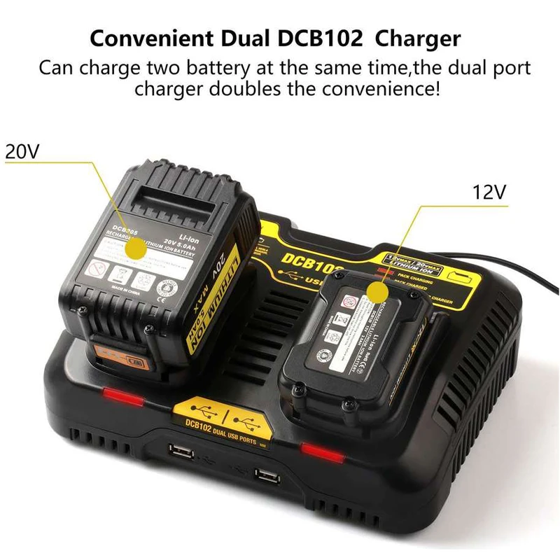 Hot Double Charging Postion With Dual USB Port DCB102 Li-ion Battery Charger For DeWalt 12V 14.4V 18V 20V DCB200 DCB201 Fast