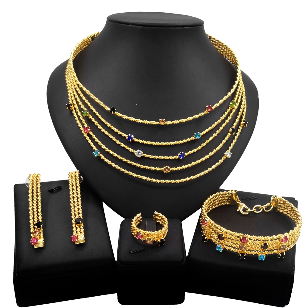 Yulaili Woman Queen 18K Brazilian Gold Plated Big Jewelry Set Earrings Ring Bracelet Necklace Jewelry Sets Fade-Free