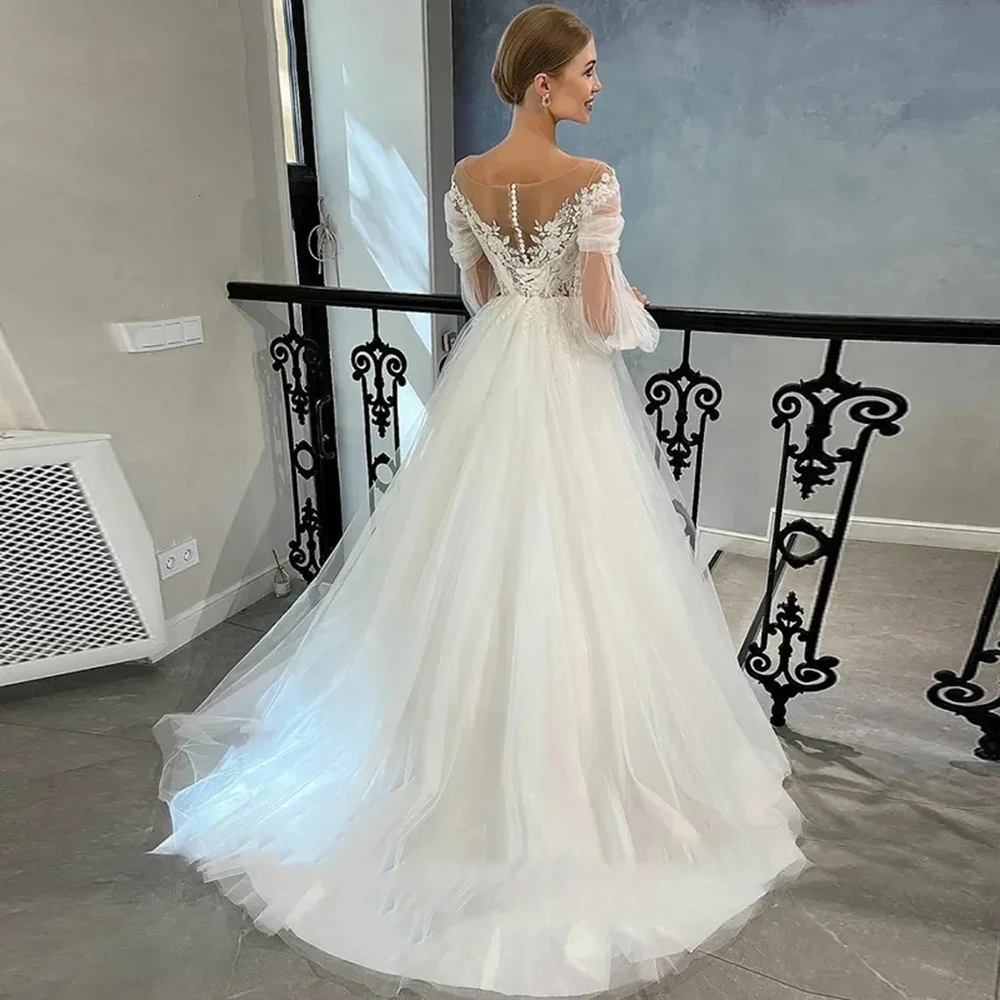 Vestido de casamento com mangas compridas lanterna, noiva 2025, brilho, apliques de tule, decote em v, linha a, vestidos de casamento para mulheres, personalizado