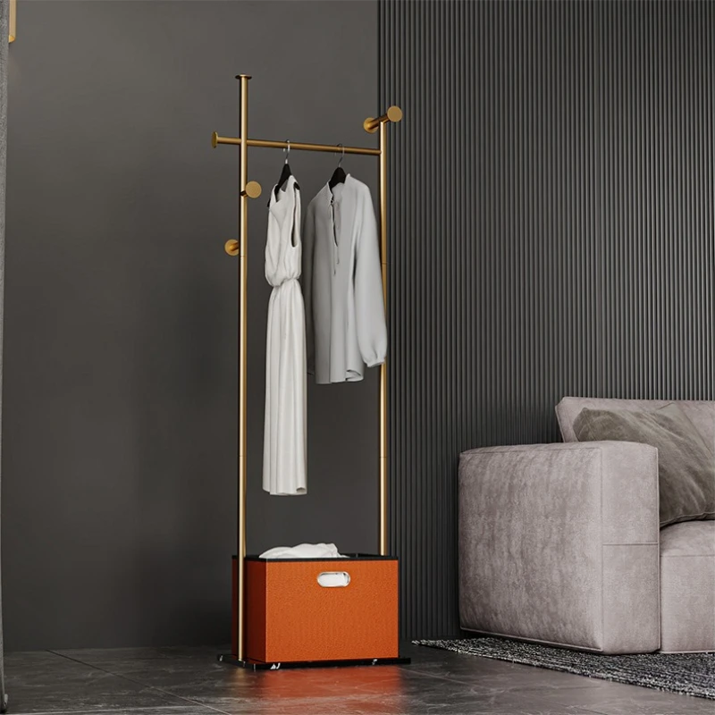 Double Rod Clothes Rack with Storage Basket Standing Coat Stand for Bedroom Living Room Furniture