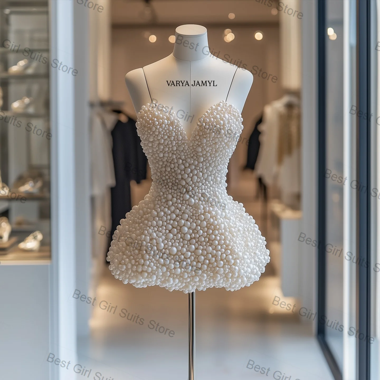 

Luxury Pearls Women Prom Dress Sexy Sleeveless Short Mini Formal Office Jacket Customized Wedding Party Gown (Back No Pearls)